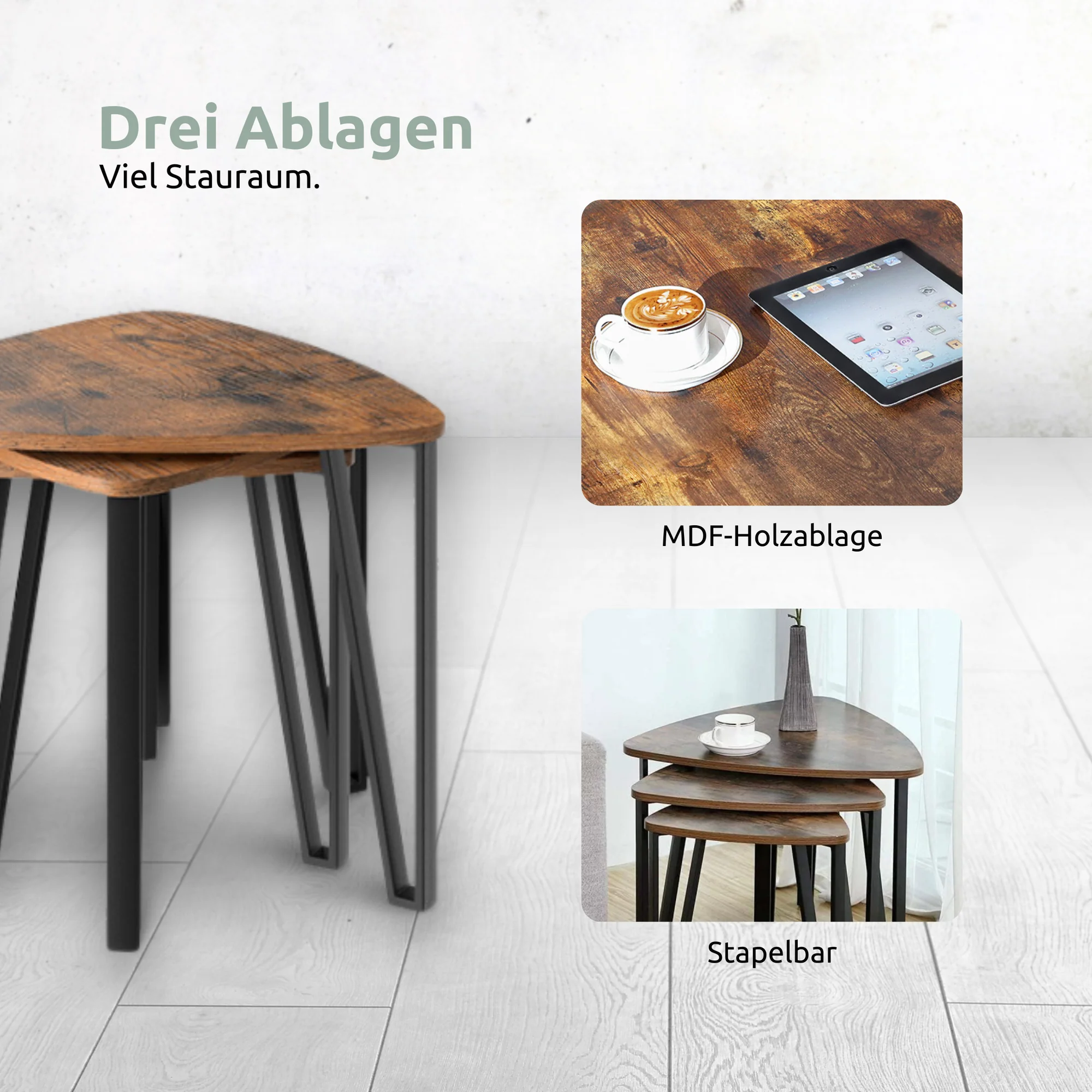 Beistelltisch „Radon“ 3er-Set – Industrial-Look mit Holz & Metall