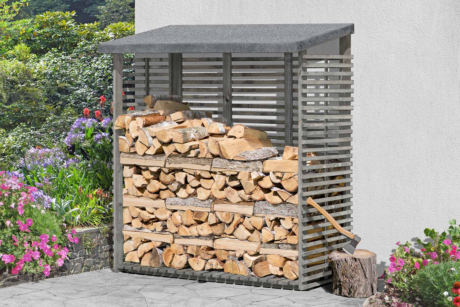 Kaminholzregal mit Rückwand FLAMMO S 188 × 69 × 183 cm, ca. 1,8 m³ - Holzlager für 2 Reihen Brennholz, wetterfest & stabil