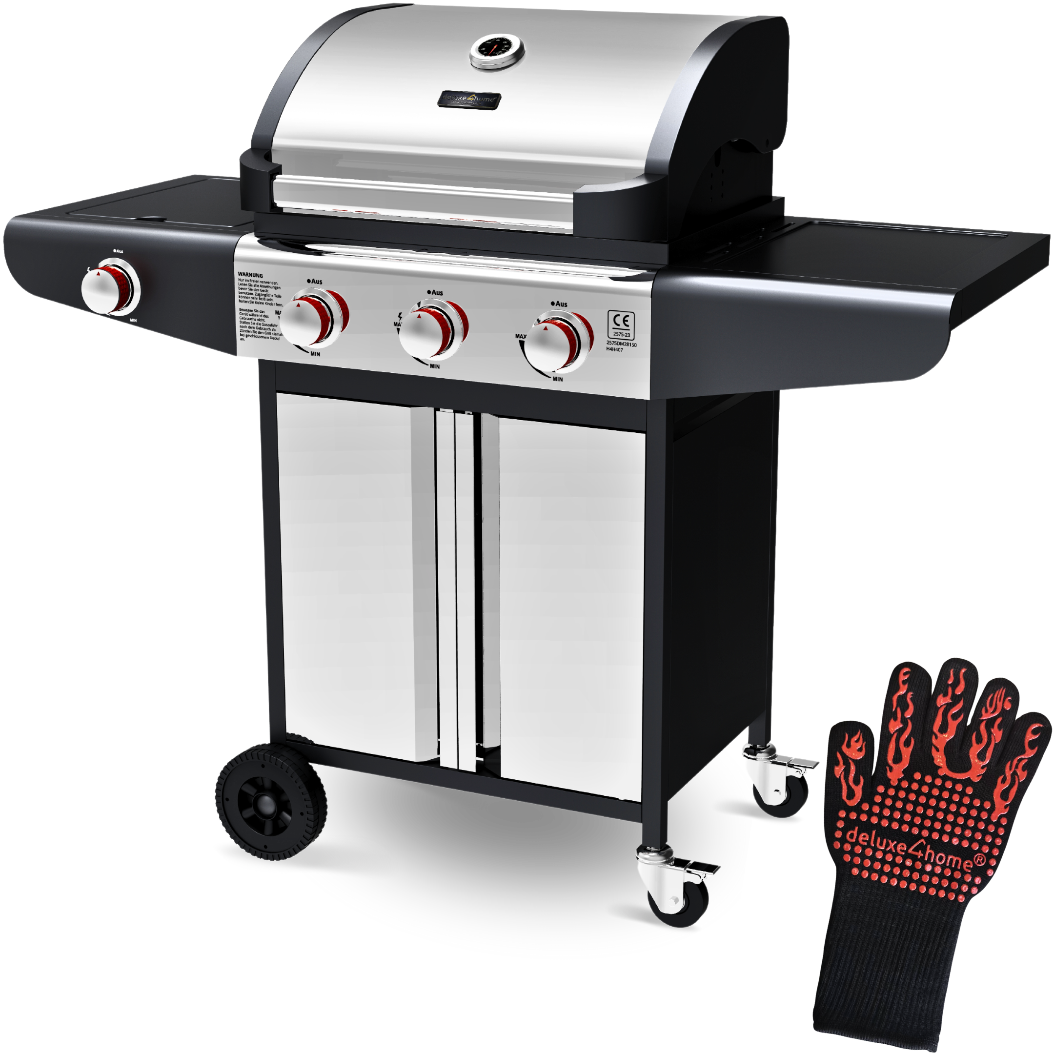 Grillwagen Gasgrill mit Deckel, 3 + 1 Seitenbrenner, Thermometer uvm.