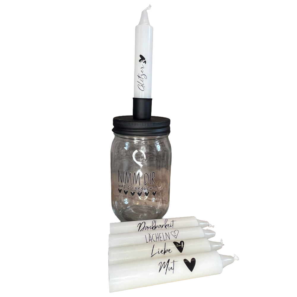Kerzenglas „Nimm dir, was du brauchst“ – mit 5 individuellen Kerzen