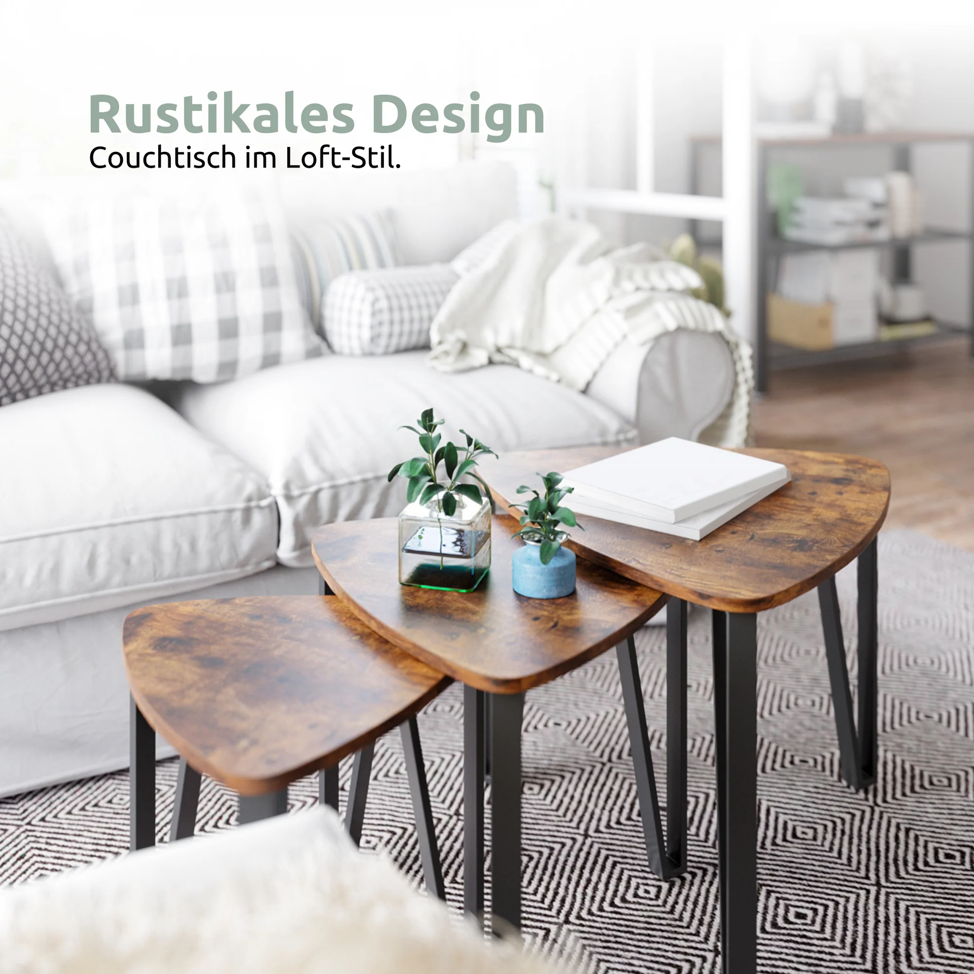 Beistelltisch „Radon“ 3er-Set – Industrial-Look mit Holz & Metall