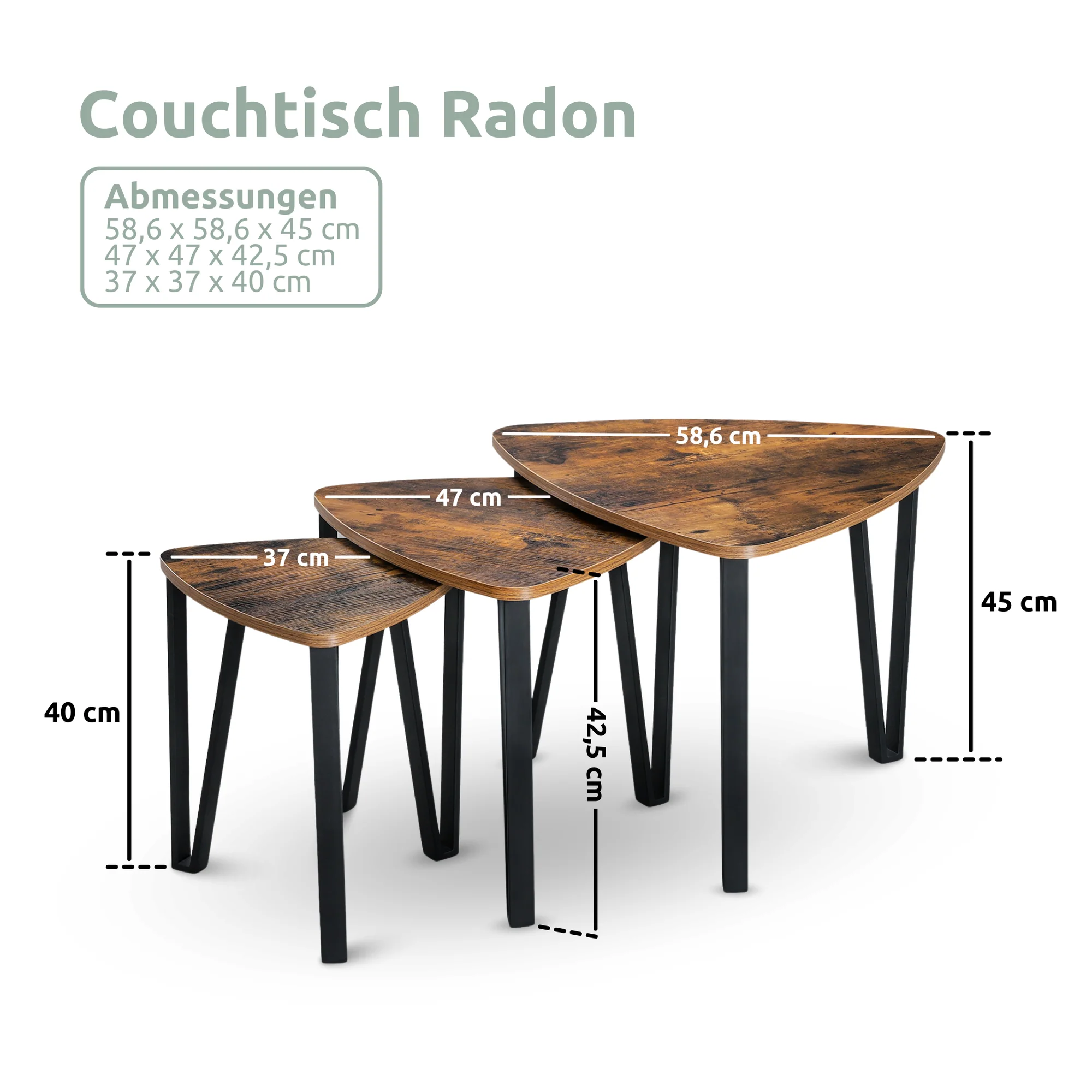 Beistelltisch „Radon“ 3er-Set – Industrial-Look mit Holz & Metall