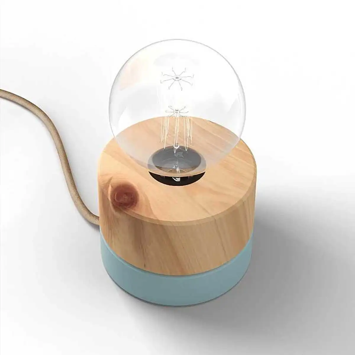 Tischlampe aus Zirbe Holz, Sockel in pastellblau, skandinavisches Design von ALMUT, mit Kabel (1,8m Länge)
