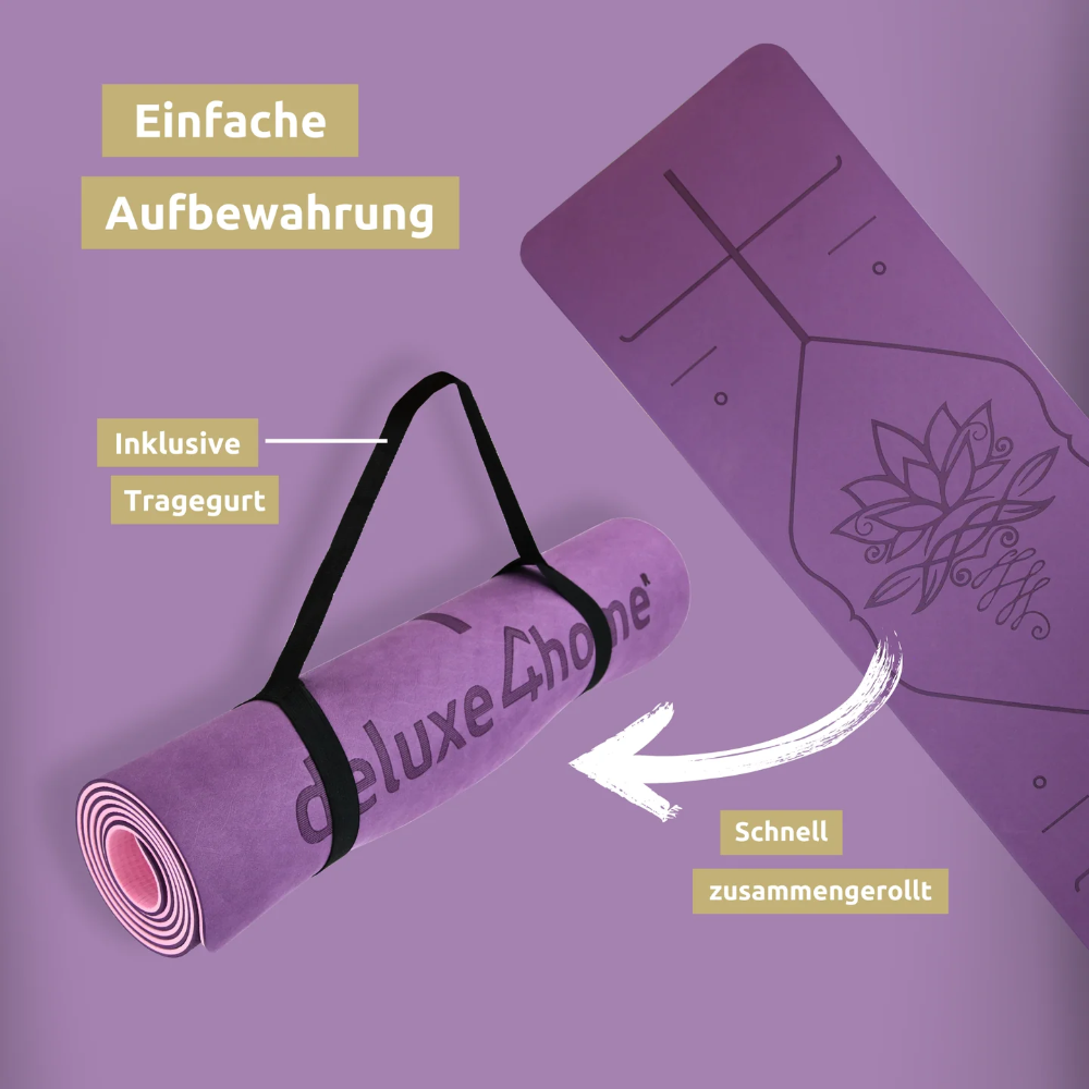 Yogamatte rutschfest TPE I mit Tragegurt und Ausrichtungslinien - Violett/Rosa