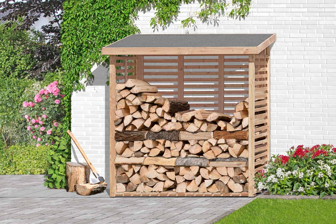 Kaminholzregal mit Rückwand KAMO L 200 × 75 × 200 cm, ca. 2 m³ - Holzlager für 2 Reihen Brennholz, wetterfest & stabil