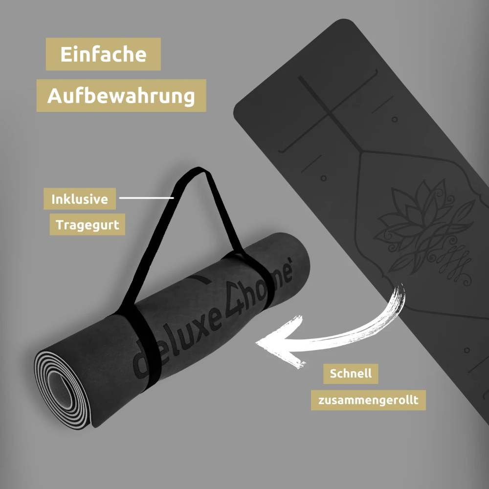 Yogamatte rutschfest TPE I mit Tragegurt und Ausrichtungslinien - Schwarz/Grau