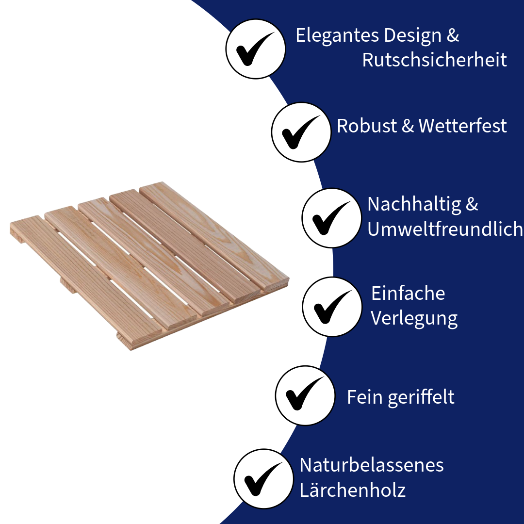 Holzfliesen aus Lärchenholz 40 x 40 cm - 6 Stück - Wetterfester Outdoor-Bodenbelag für Terrasse, Balkon & Garten