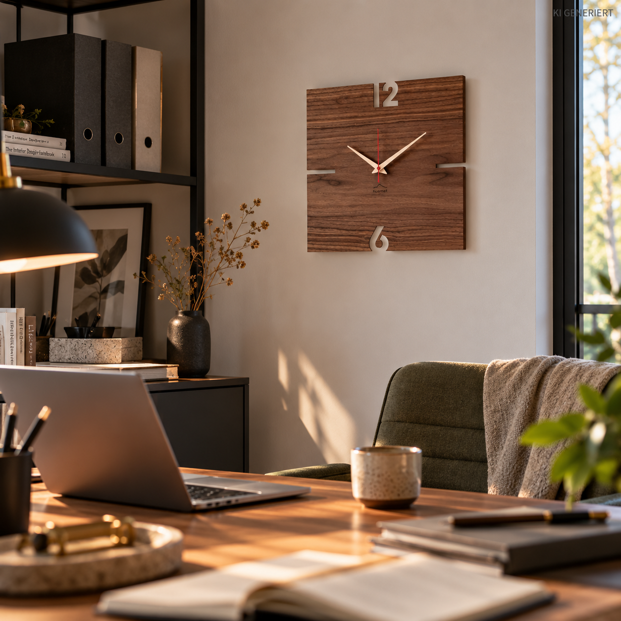 huamet® Puhr Wanduhr aus Holz – Nussbaum 30 × 30 cm, eckig, lautlos & handgefertigt
