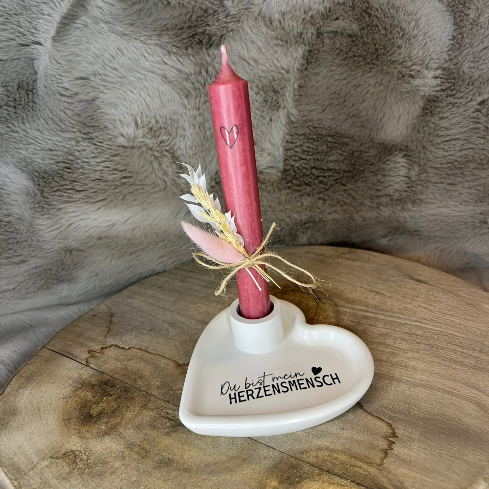Kerzenhalter Herz – mit Kerze & Trockenblumen
