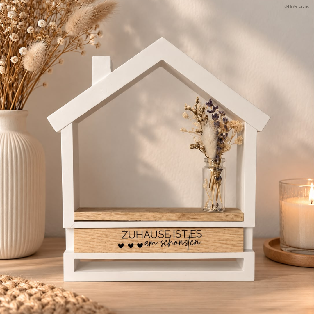 Deko-Haus mit Trockenblumen-Vase „Zuhause ist es am schönsten“ – handgegossene Dekoration