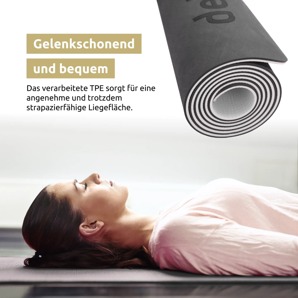 Yogamatte rutschfest TPE I mit Tragegurt und Ausrichtungslinien - Schwarz/Grau