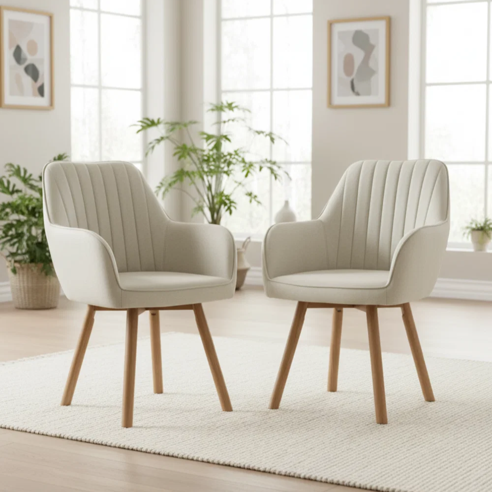 Esszimmerstühle mit Armlehnen & Eichenbeinen – 2er Set, Creme