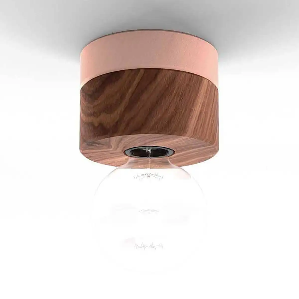 Deckenlampe aus Walnuss Holz, Sockel in zartrosa, skandinavisches Design von ALMUT