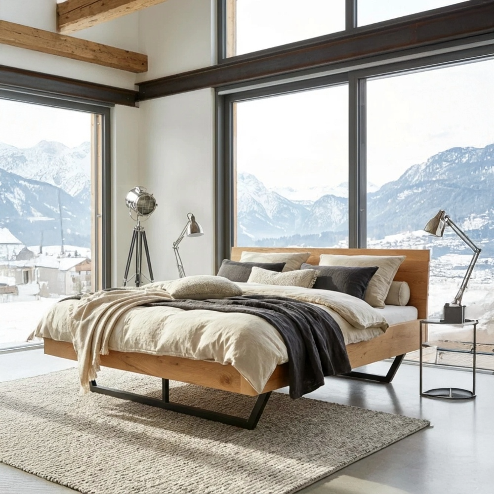 Massivholzbett aus Eiche mit Kopfteil - 180 x 200 cm, Gestell aus Metall