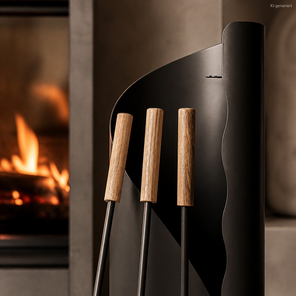 Kaminbesteck Set 5-teilig mit Holzgriff & Handschuh