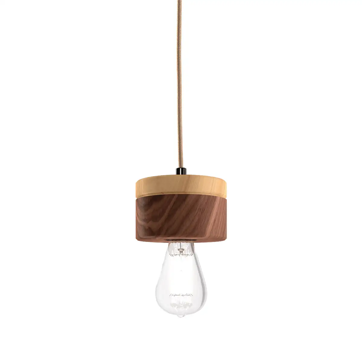 Hängelampe aus Walnuss Holz, Sockel in Zirbe, skandinavisches Design von ALMUT, mit Kabel (2,0m Länge)