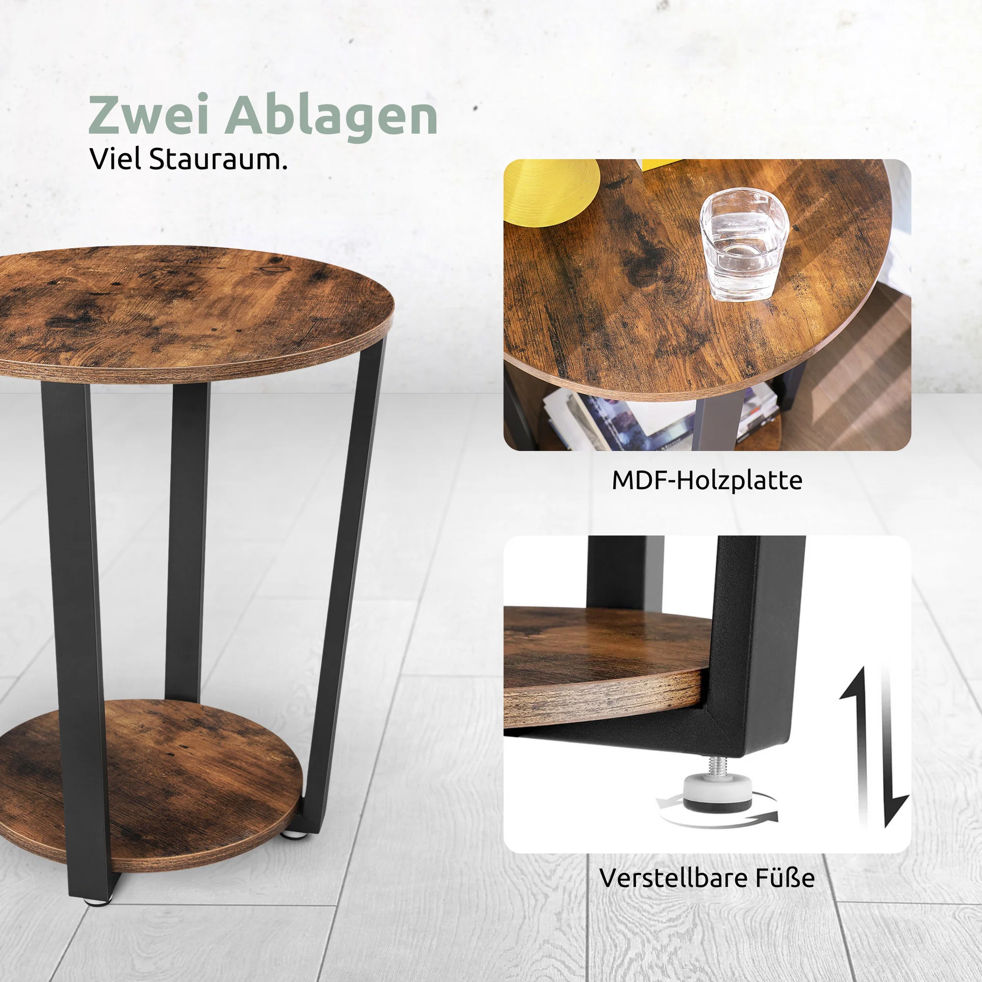 Beistelltisch „Lorie“ rund – Industrial-Look mit Holz & Metall