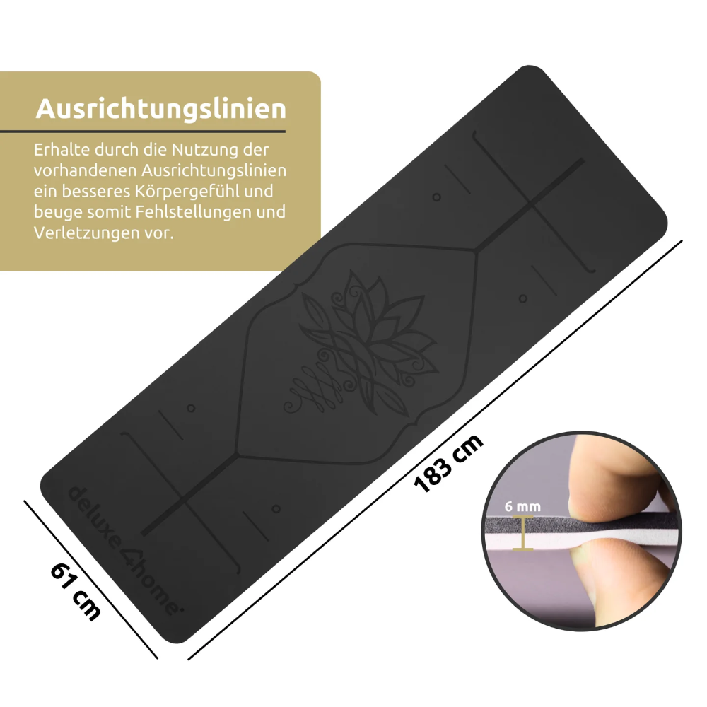 Yogamatte rutschfest TPE I mit Tragegurt und Ausrichtungslinien - Schwarz/Grau
