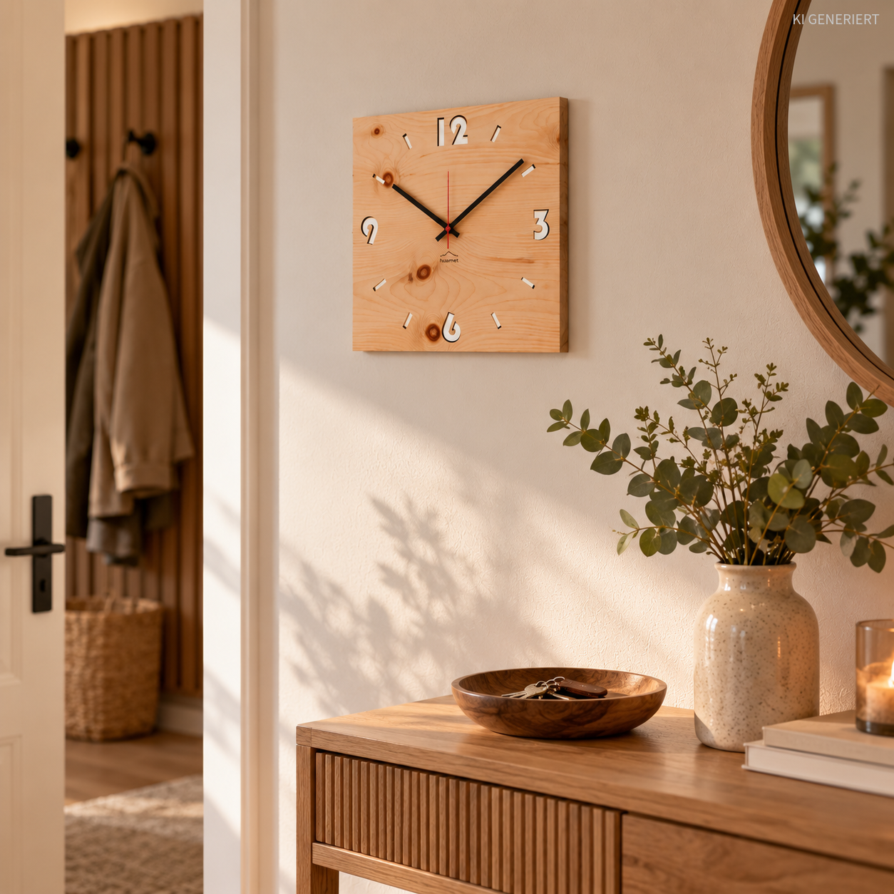 Wanduhr aus Holz – Zirbe 30 × 30 cm, eckig & lautlos - huamet® Duhrchbruch