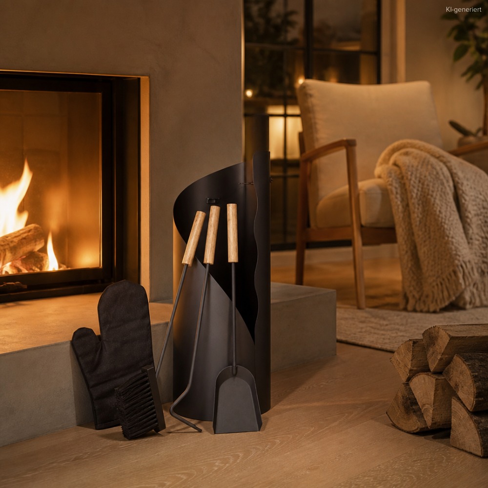 Kaminbesteck Premium Set 5-teilig mit Holzgriffen & Ofenhandschuh