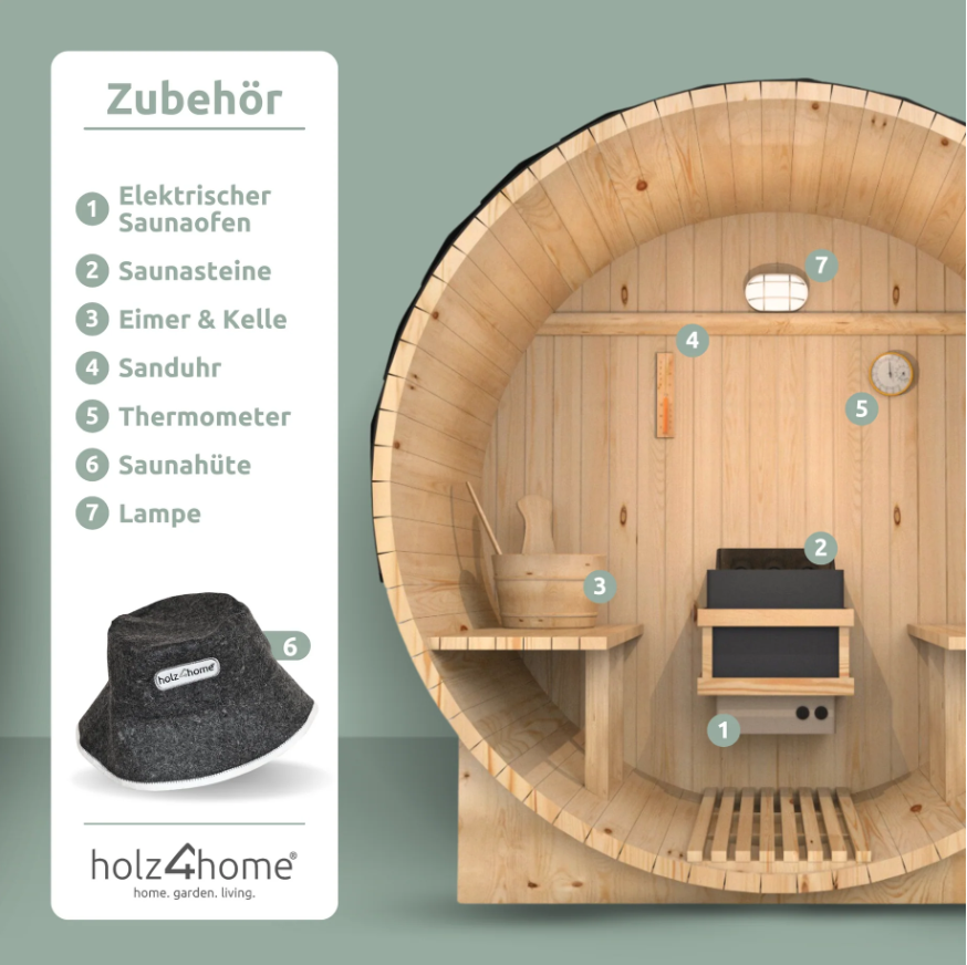 Massive Fasssauna aus hochwertigem Pini-Holz – Outdoor Sauna mit Ofen für Garten & Terrasse