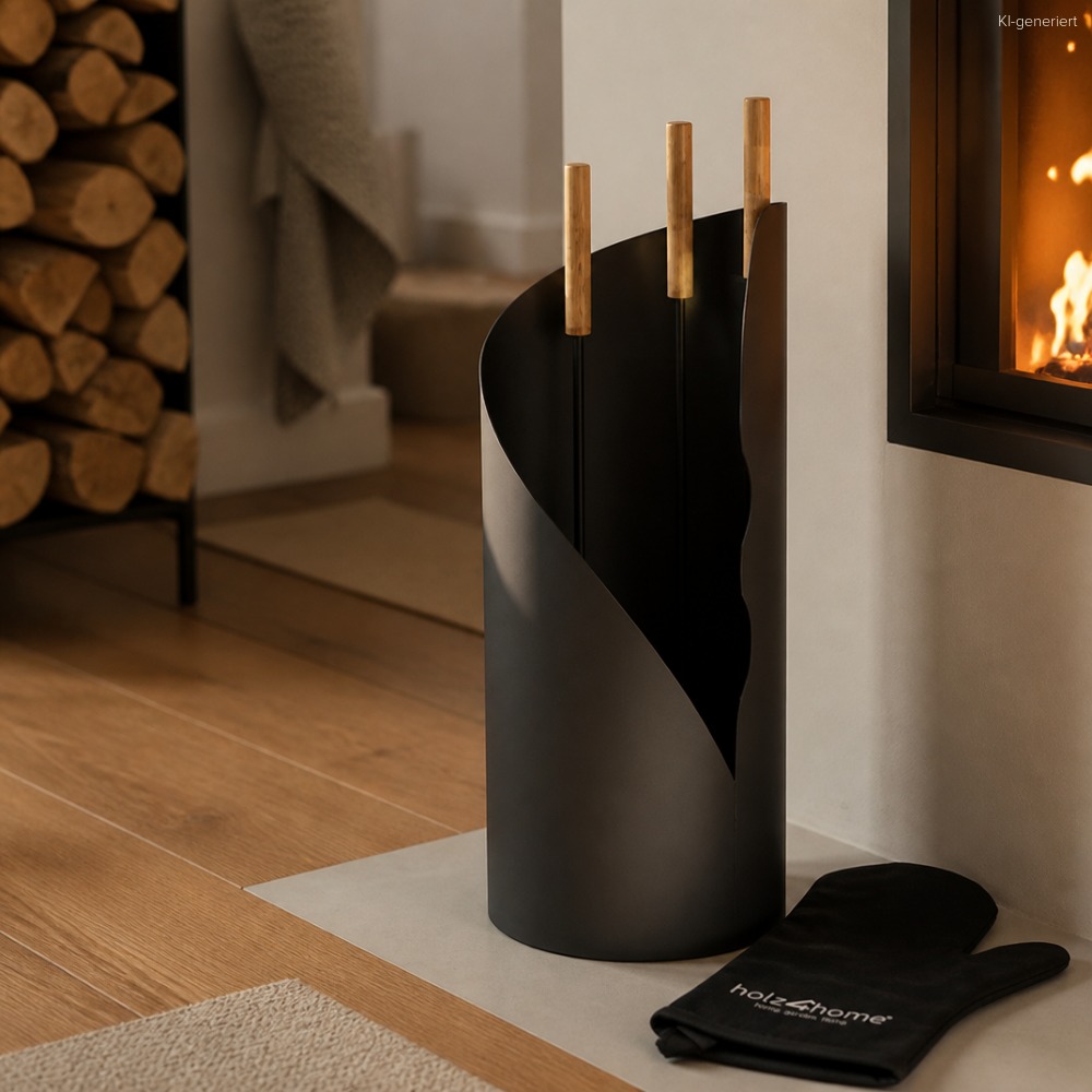 Kaminbesteck Set 5-teilig mit Holzgriff & Handschuh