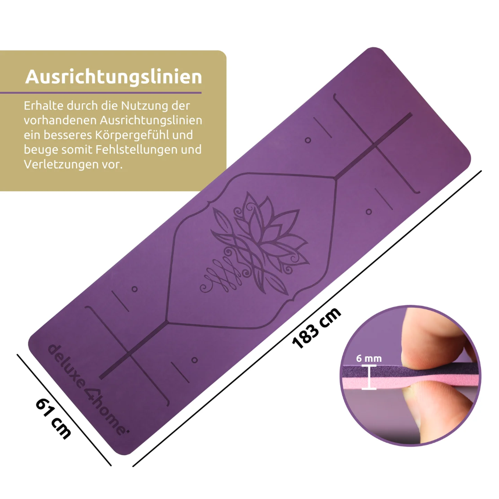 Yogamatte rutschfest TPE I mit Tragegurt und Ausrichtungslinien - Violett/Rosa