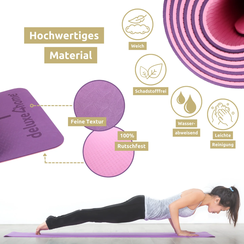 Yogamatte rutschfest TPE I mit Tragegurt und Ausrichtungslinien - Violett/Rosa