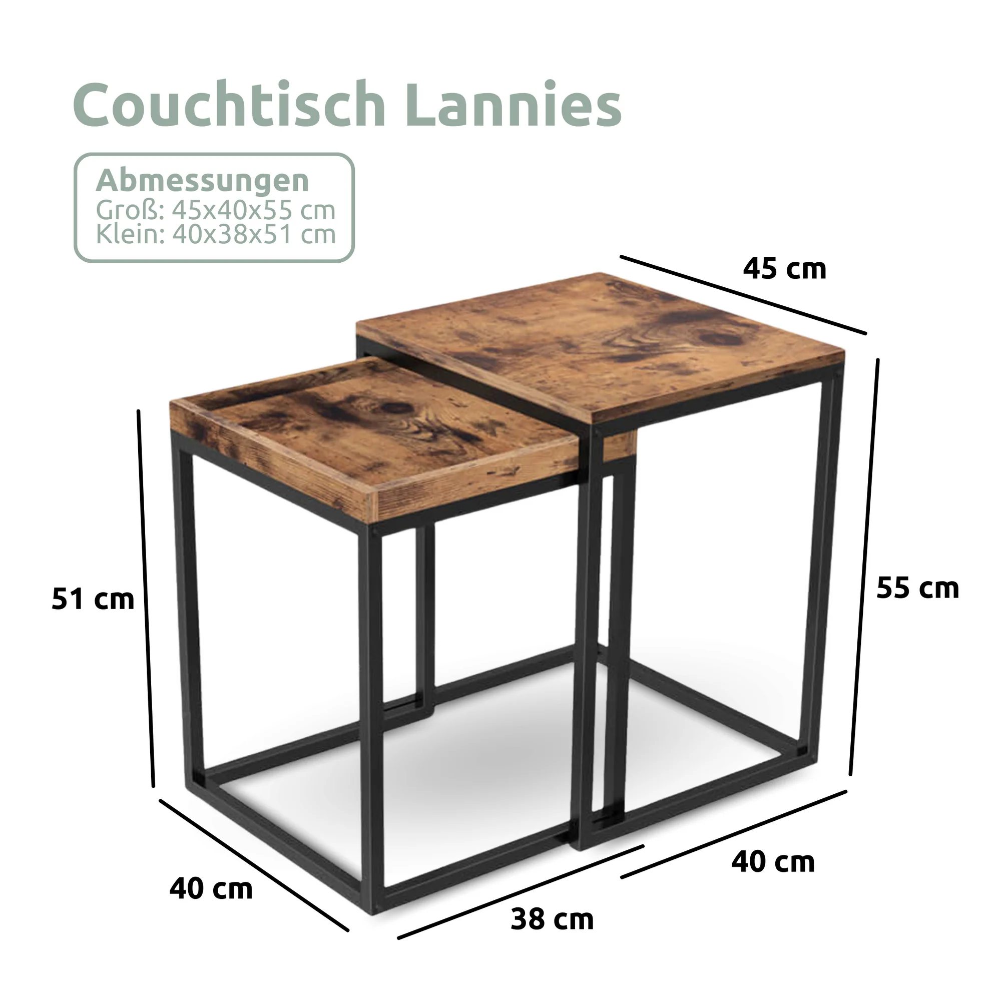 2er-Set Couchtische „Lannies“ – Industrial-Look mit Holz & Metall
