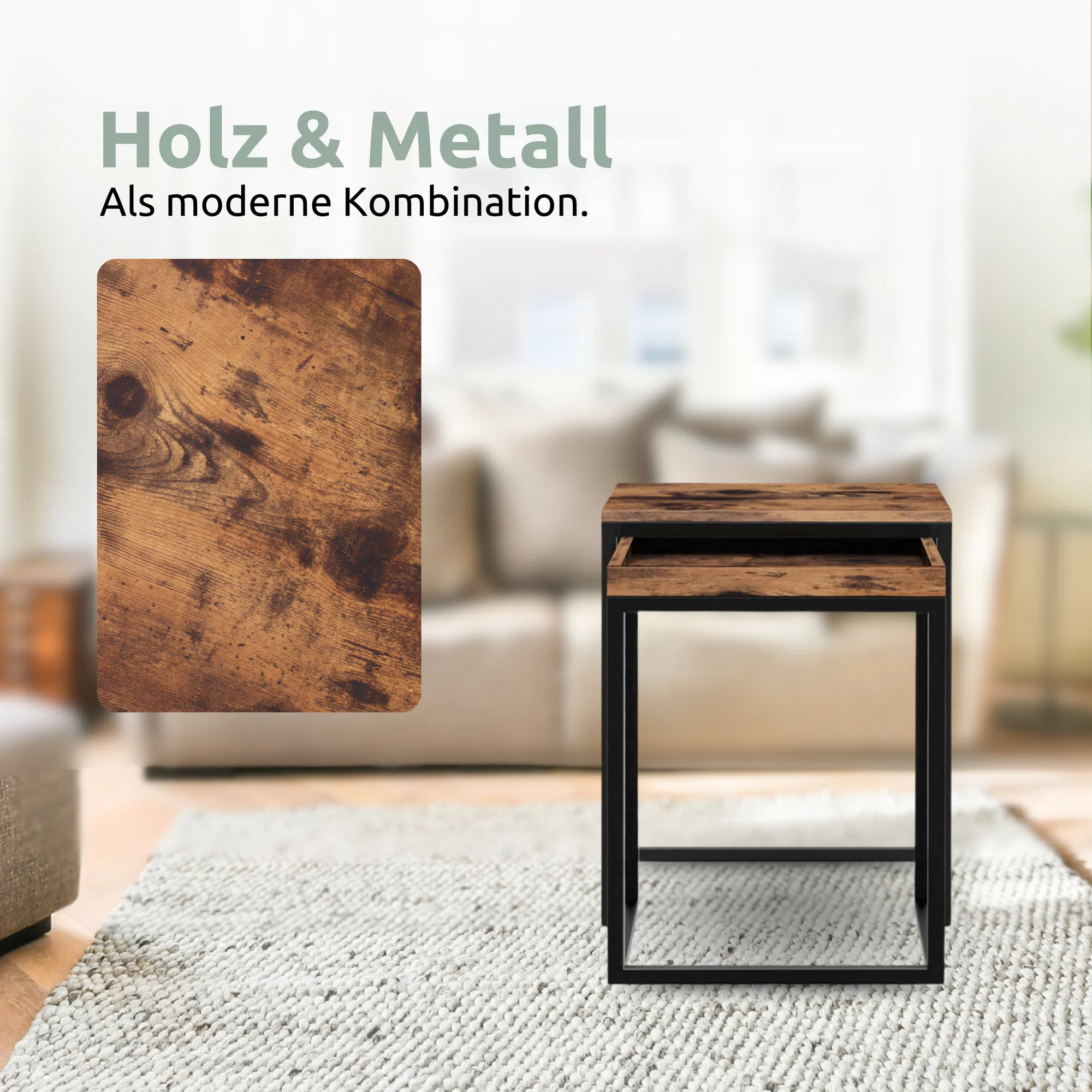 2er-Set Couchtische „Lannies“ – Industrial-Look mit Holz & Metall