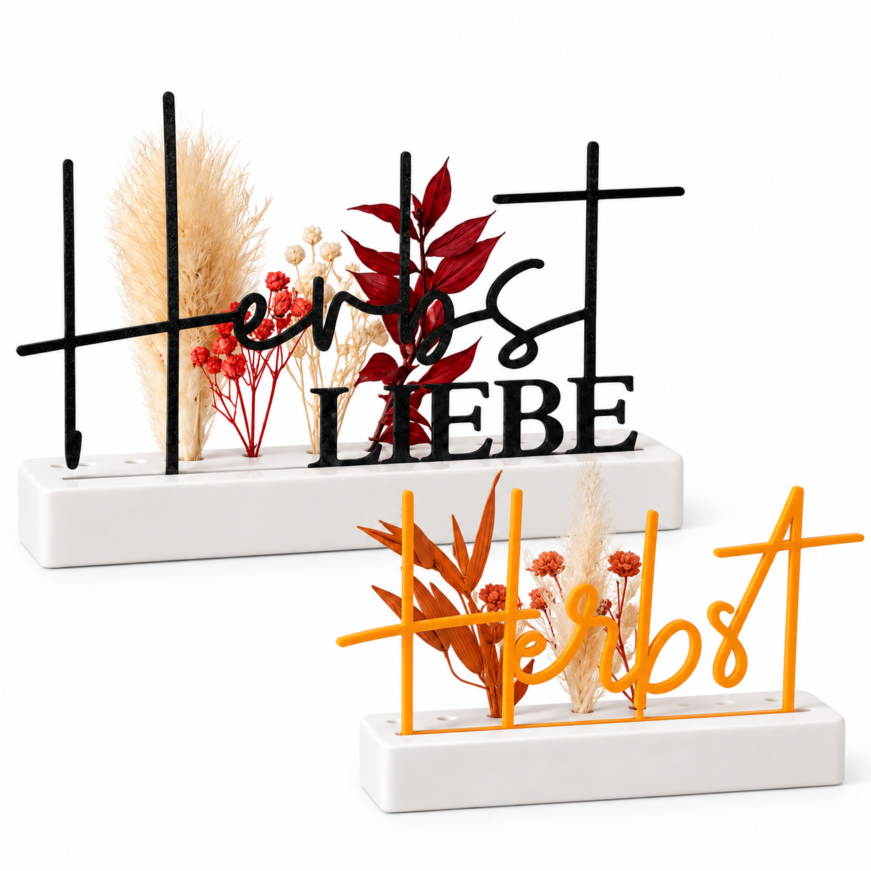 Deko-Aufsteller „Herbst“ & „Herbst LIEBE“ mit Trockenblumen – handgegossene Dekoration