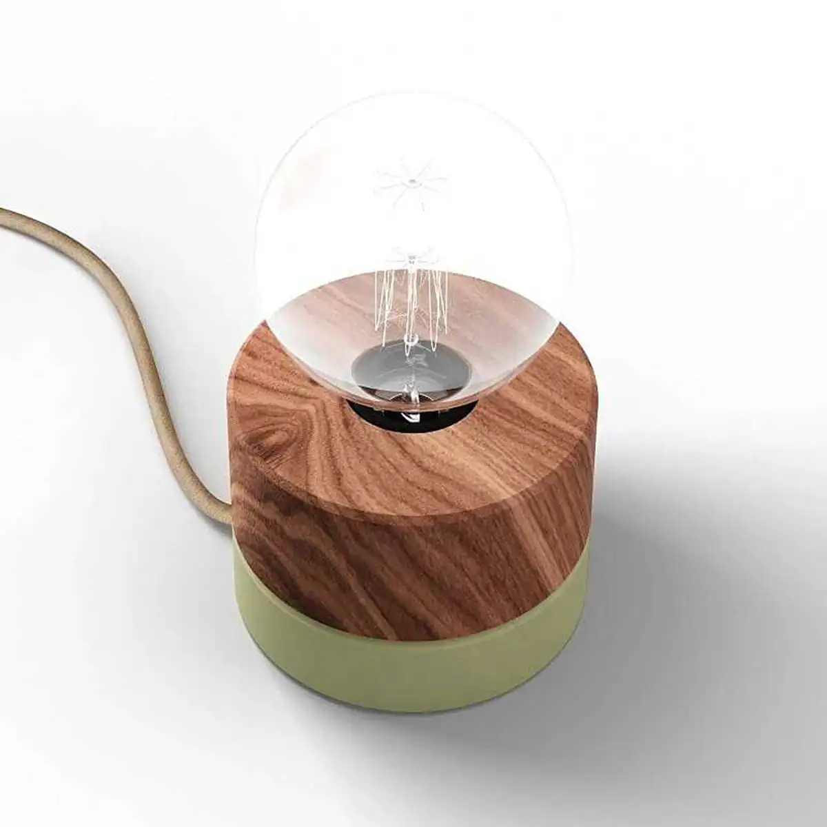 Tischlampe aus Walnuss Holz, Sockel in wasabigrün, skandinavisches Design von ALMUT, mit Kabel (1,8m Länge)