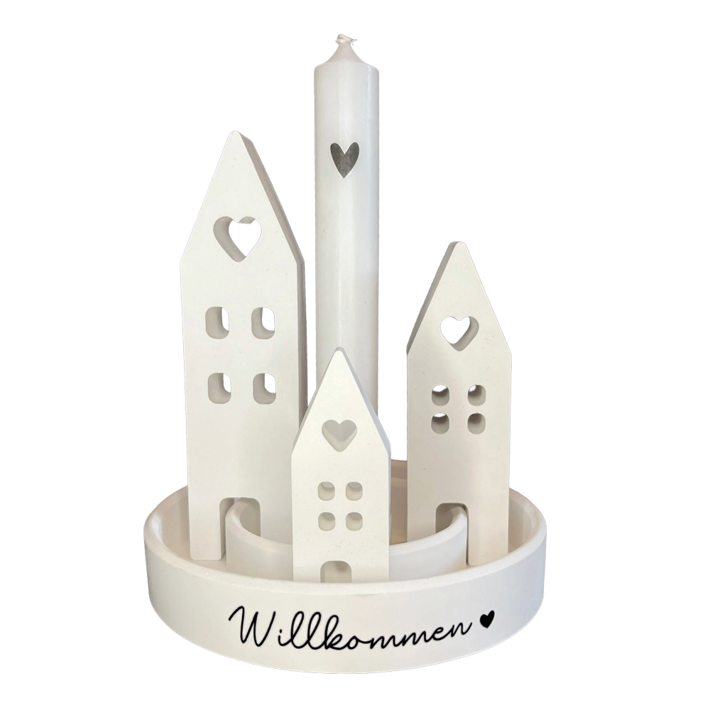 Runde Platte mit 3 Häusern – handgegossene Dekoration mit Kerze