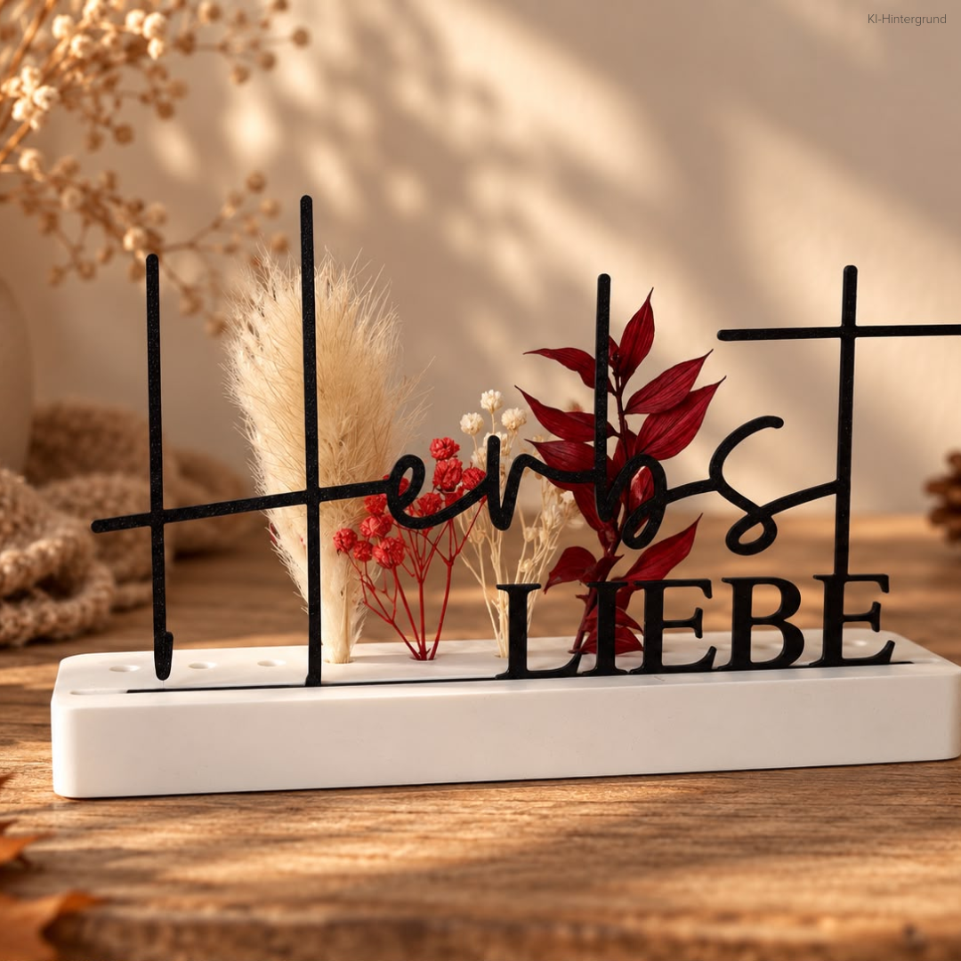 Deko-Aufsteller „Herbst“ & „Herbst LIEBE“ mit Trockenblumen – handgegossene Dekoration