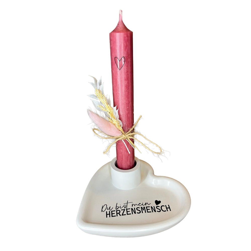 Kerzenhalter Herz – mit Kerze & Trockenblumen