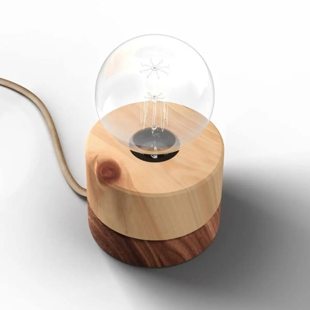 Tischlampe aus Zirbe Holz, Sockel in Walnuss, skandinavisches Design von ALMUT, mit Kabel (1,8m Länge)