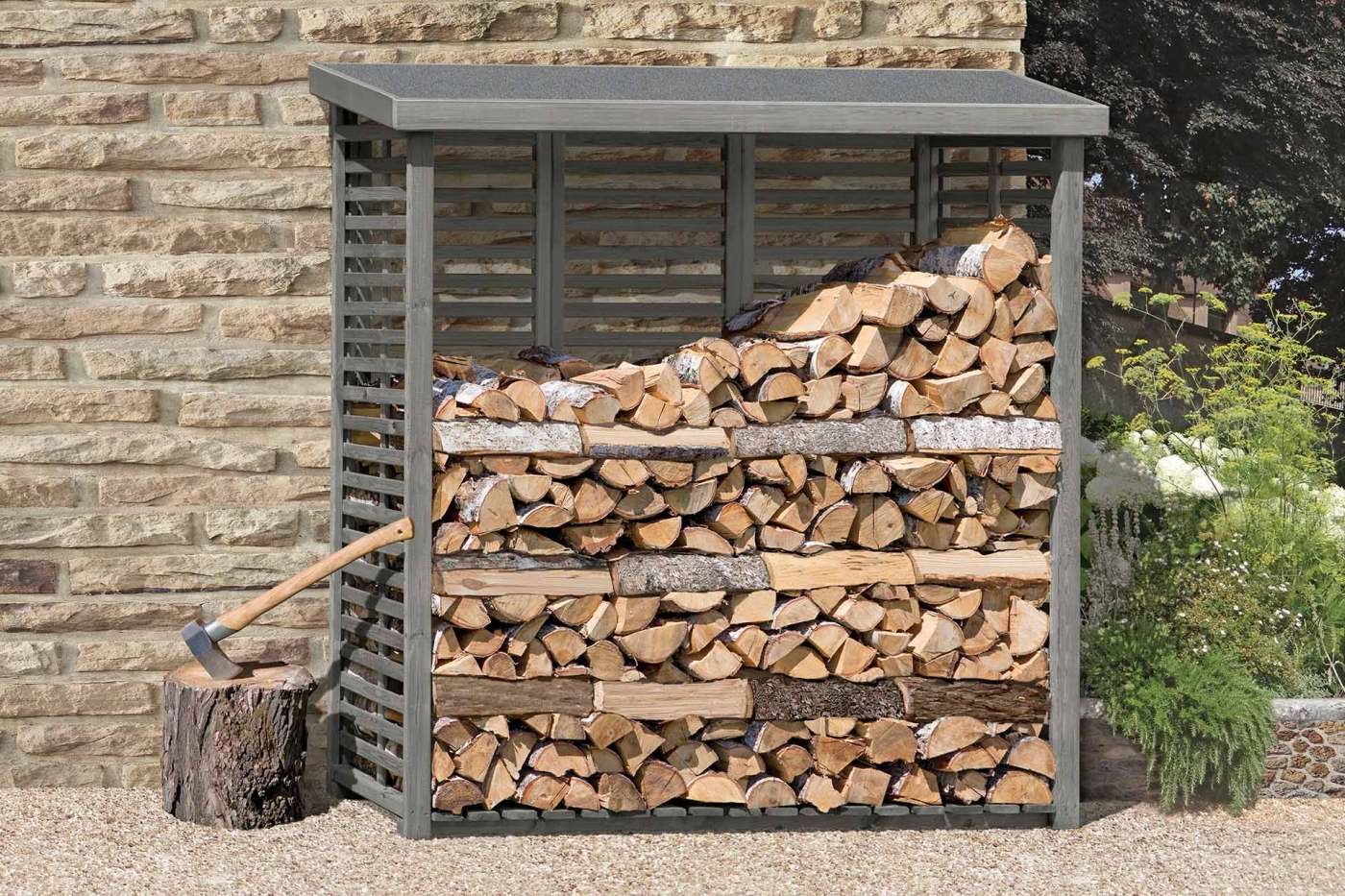 Kaminholzregal mit Rückwand FLAMMO L 208 × 75 × 200 cm, ca. 2 m³ - Holzlager für 2 Reihen Brennholz, wetterfest & stabil
