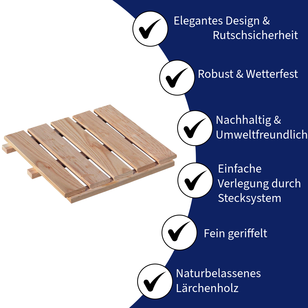 Holzfliesen aus Lärchenholz 50 x 50 cm - 4 Stück – Wetterfester Outdoor-Bodenbelag für Terrasse, Balkon & Garten