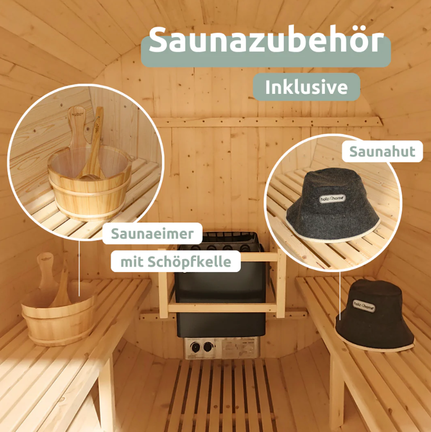 Massive Fasssauna aus hochwertigem Pini-Holz – Outdoor Sauna mit Ofen für Garten & Terrasse