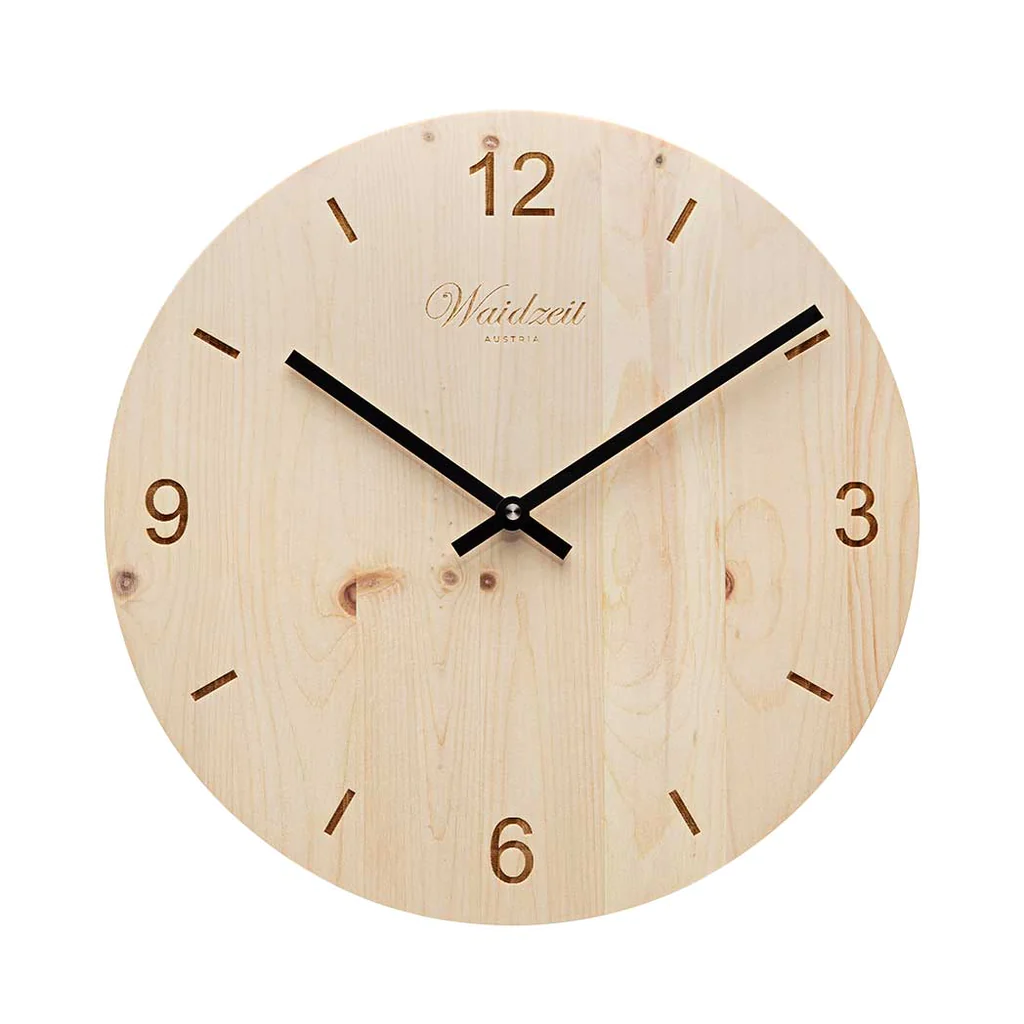 Waidzeit Tempus Wanduhr aus Holz, Zirbe, rund, Ø30,5cm