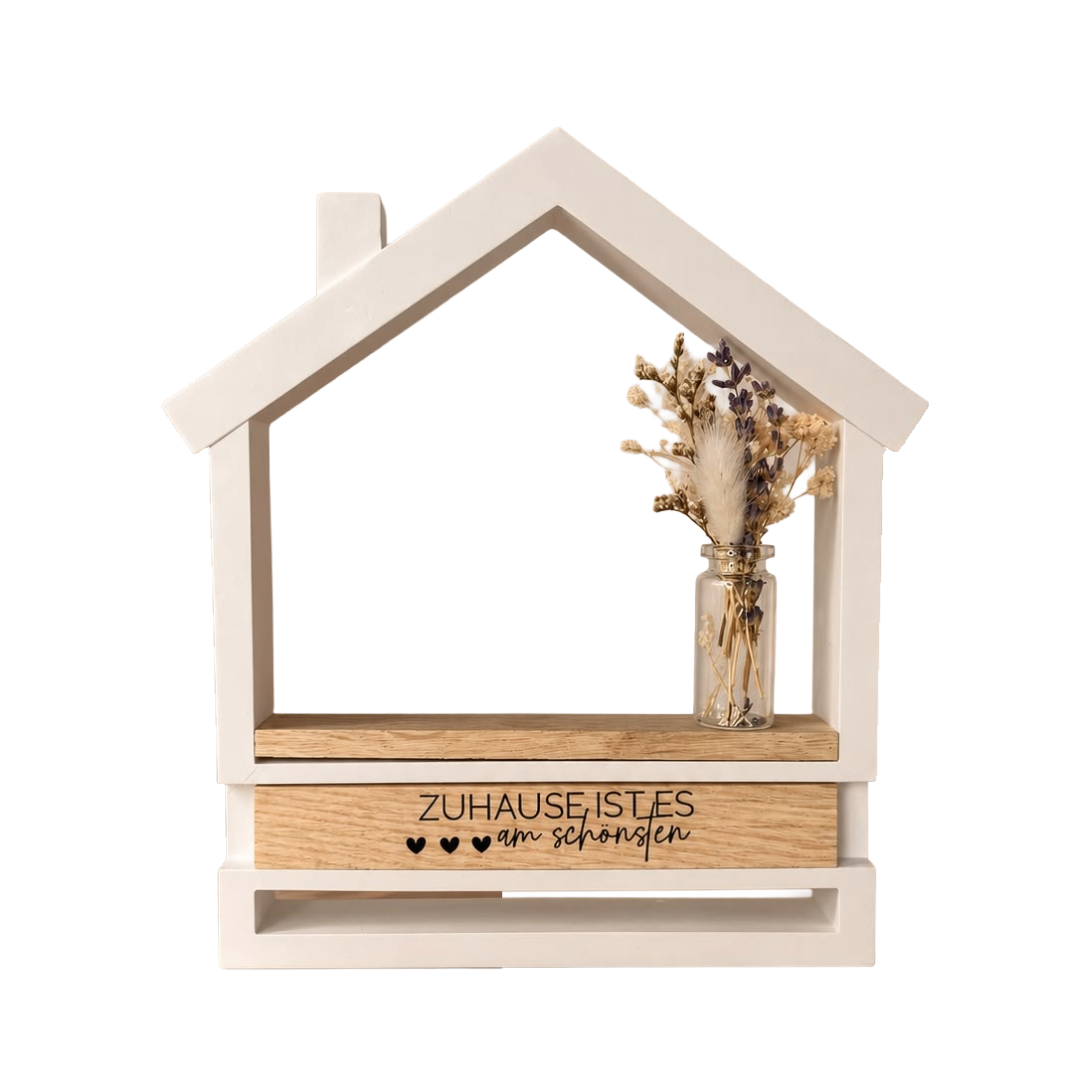 Deko-Haus mit Trockenblumen-Vase „Zuhause ist es am schönsten“ – handgegossene Dekoration