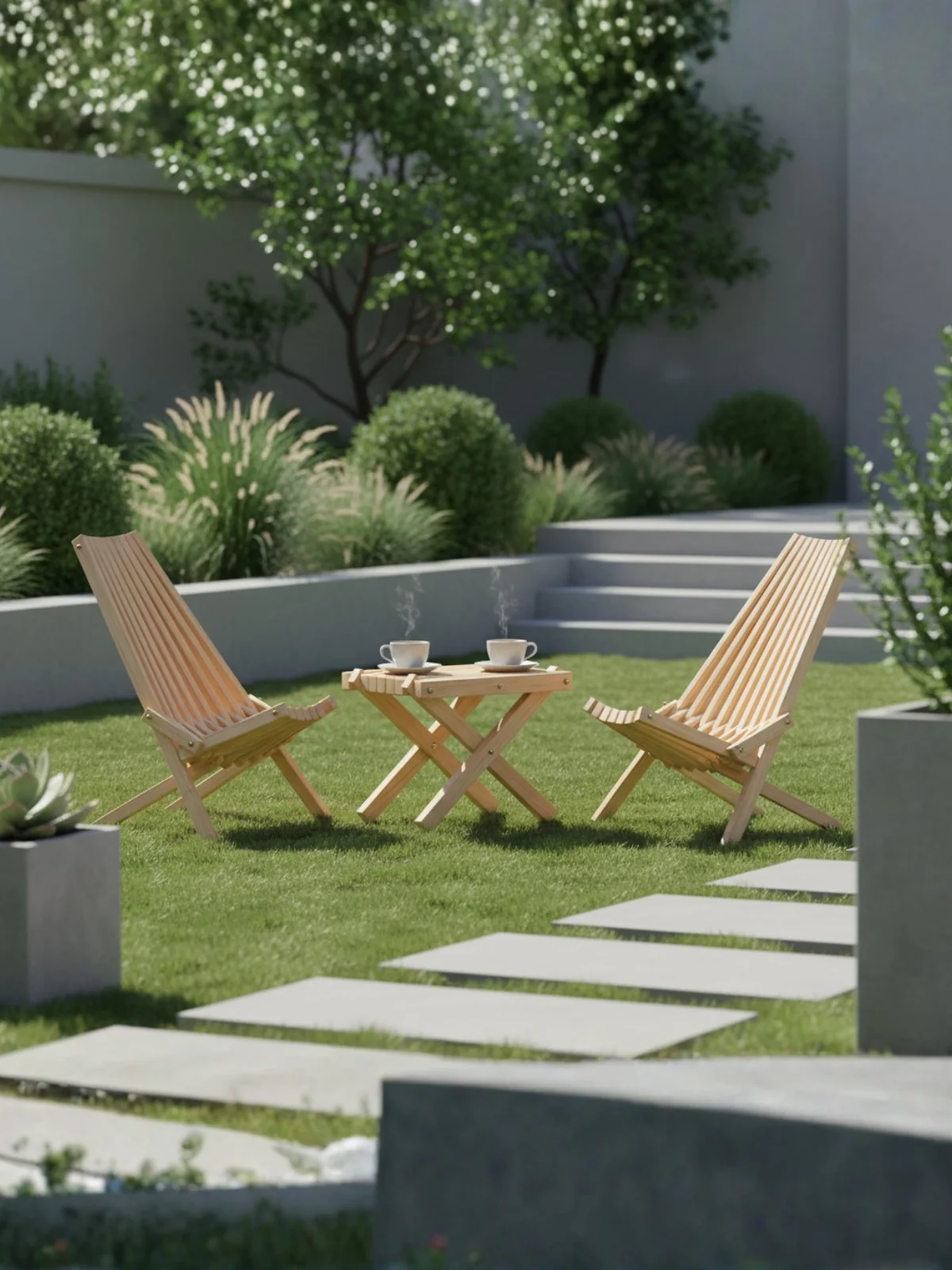 Skandinavisches Gartenmöbel-Set aus Kiefer – 2 Liegestühle & Tisch